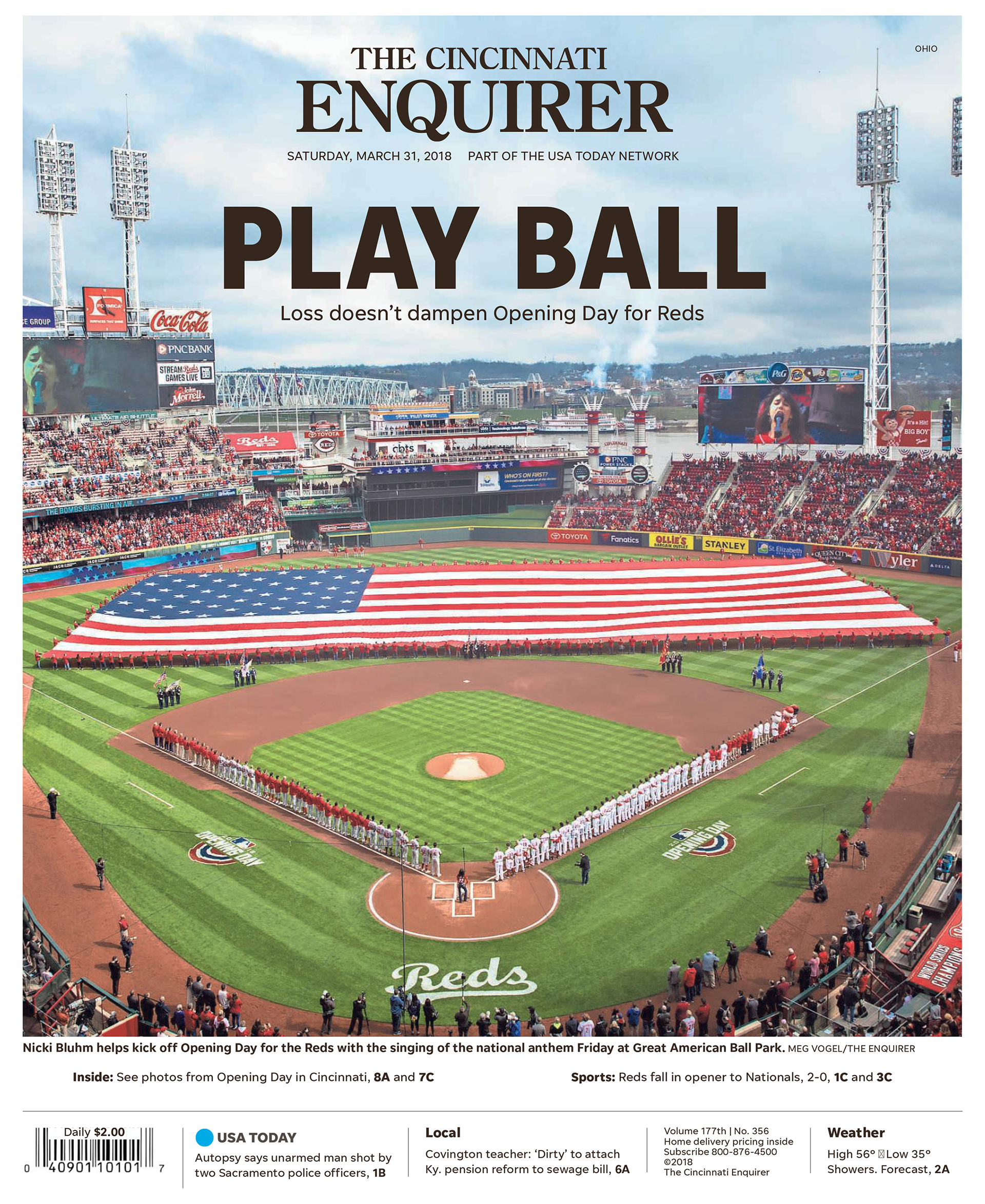 Cover of the Cincinnati Enquirer for Opening Day for the Reds in 2018